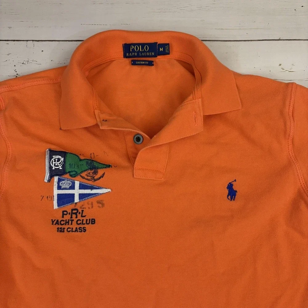 Polo Ralph Lauren Crest Polo Shirt Mens M Orange Custom Fit P-RL Yacht Club Flag